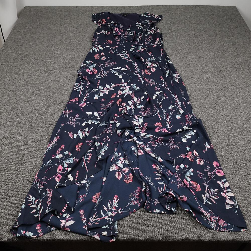 Banana Republic Dress Womens 14 Blue Floral Sleeveless Wrap Maxi Ruffle V Neck